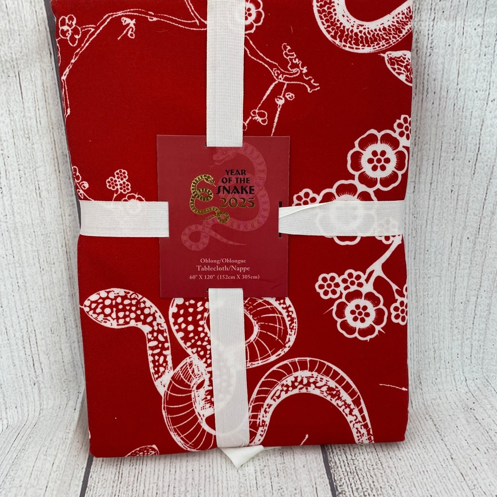 Year of the Snake 2025 Tablecloth Oblong 60x120 Red White Floral Lunar New Year